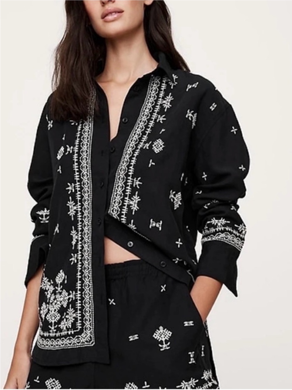 Banana Republic Oversized Embroidered Shirt NWT Black White Tencel-Flax Blend M